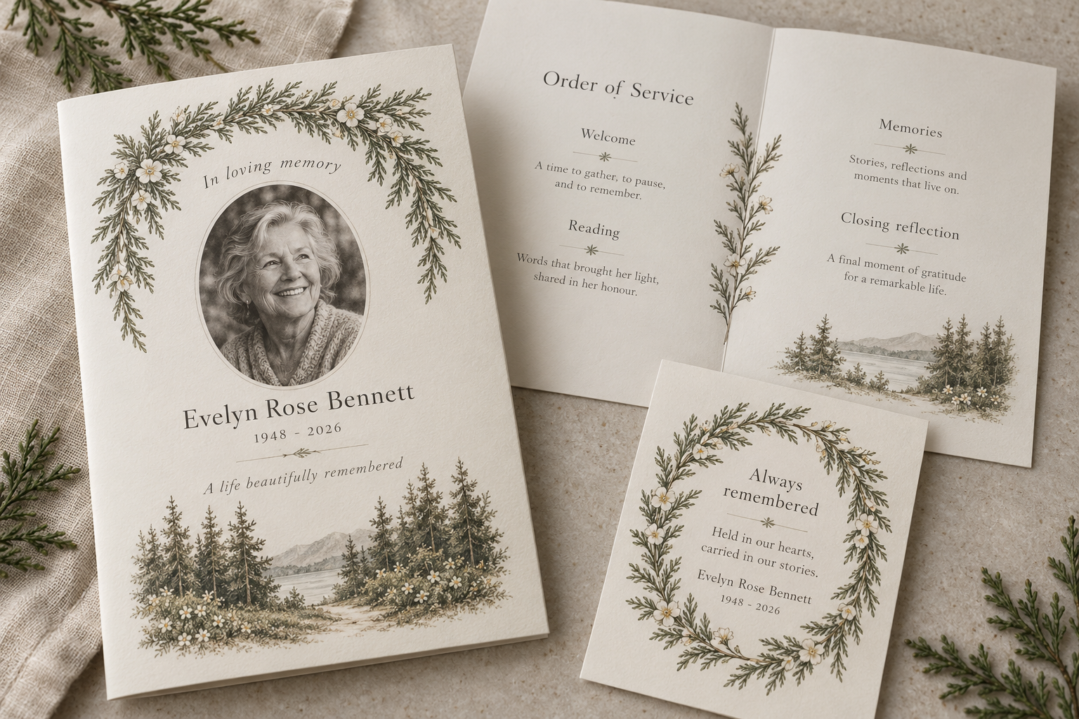 Cedar Grove Remembrance program and prayer card styled mockup