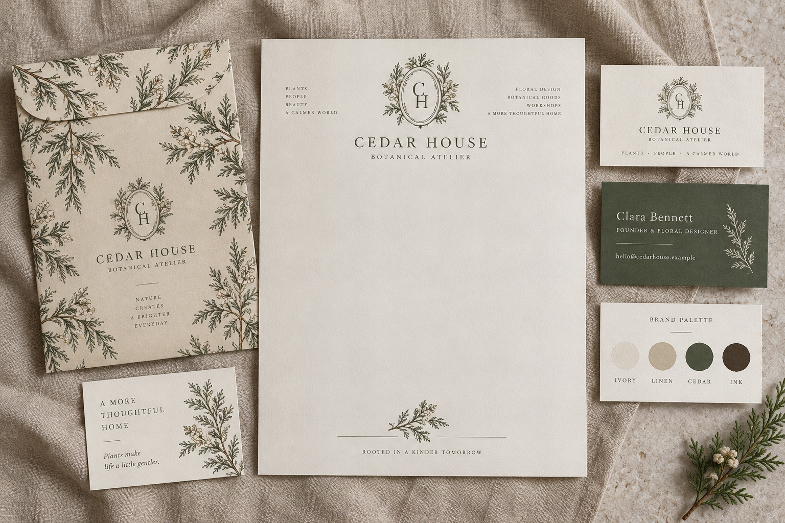Cedar House Atelier botanical branding and stationery styled mockup