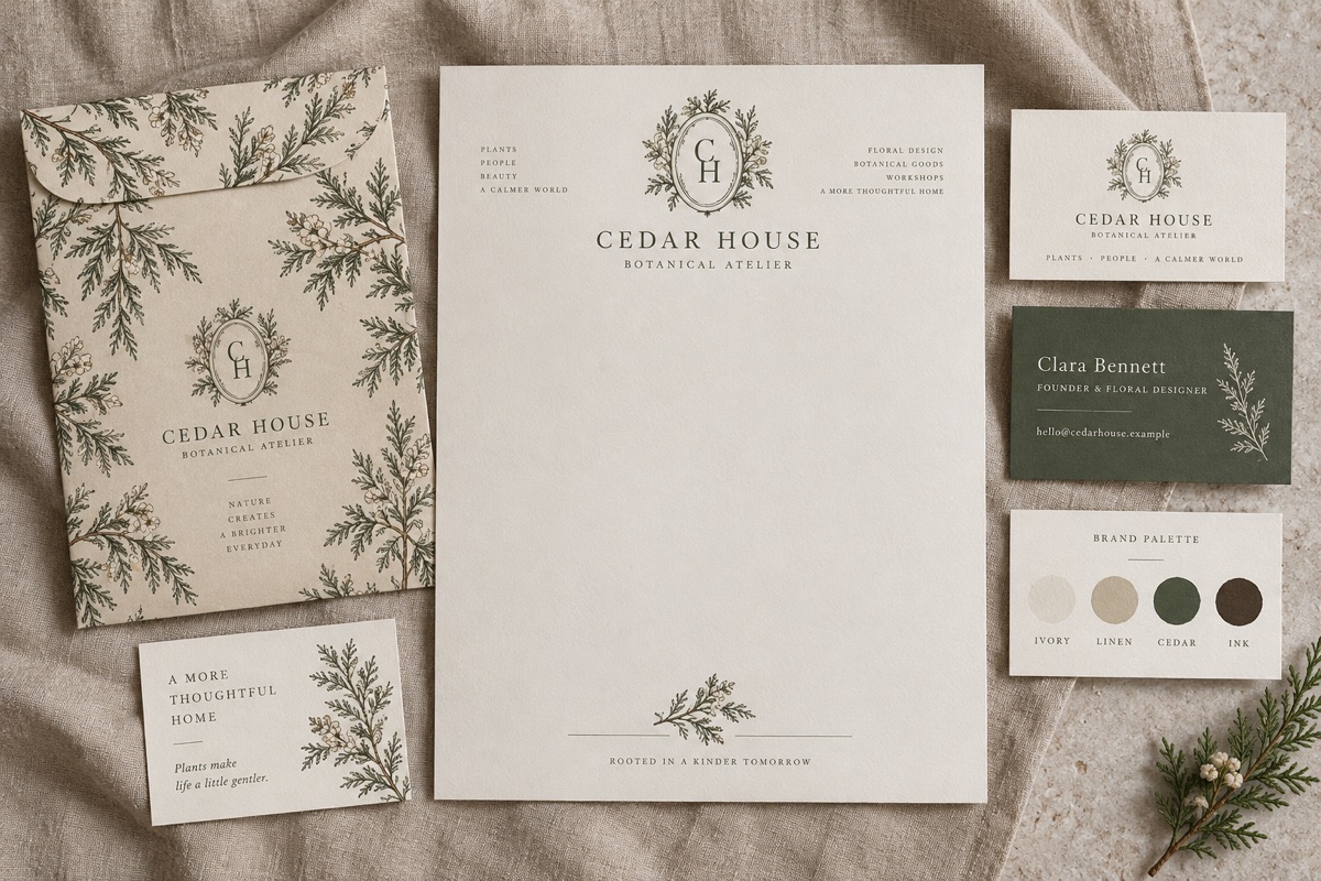 Small business stationery mockups styled on a cedar desk with soft linen.