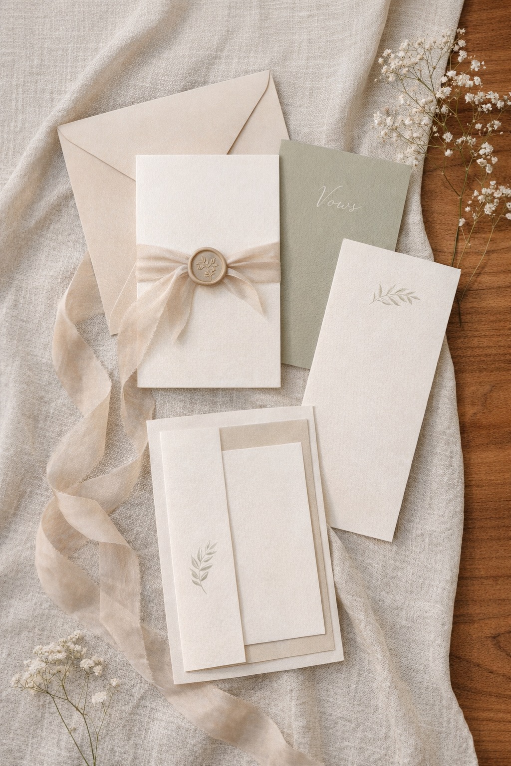 Wedding stationery arranged on linen with ribbon and soft neutral styling.